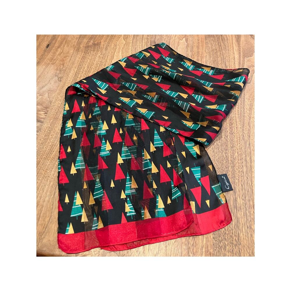 Cejon Christmas Scarf Trees Red Black Green Lightweight‎ Women's Semi-Sheer